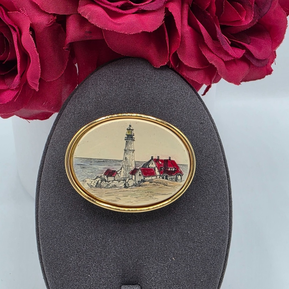 MFA Oval Brooch Lighthouse Scene‎ Enamel Gold Tone Vintage Jewelry Statement Pin